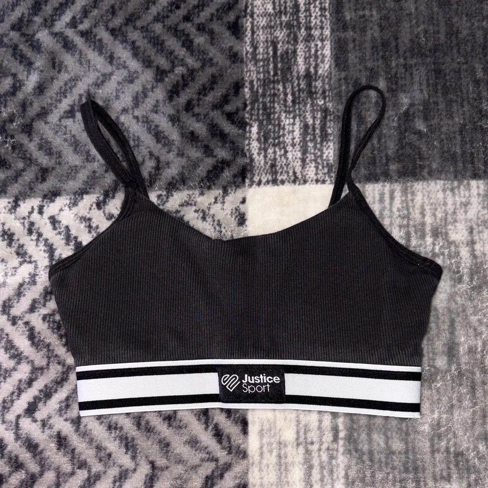 💰Justice Black Ribbed Sports Bralette with White Stripe Band